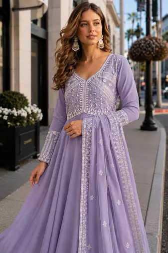 lavender georgette readymade anarkali suit with beads & embroidery work
