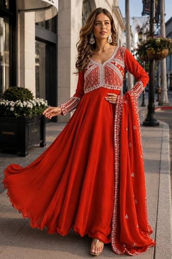 orange georgette readymade anarkali suit with beads & embroidery work