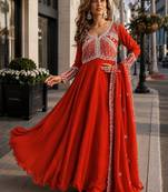 orange georgette readymade anarkali suit with beads & embroidery work