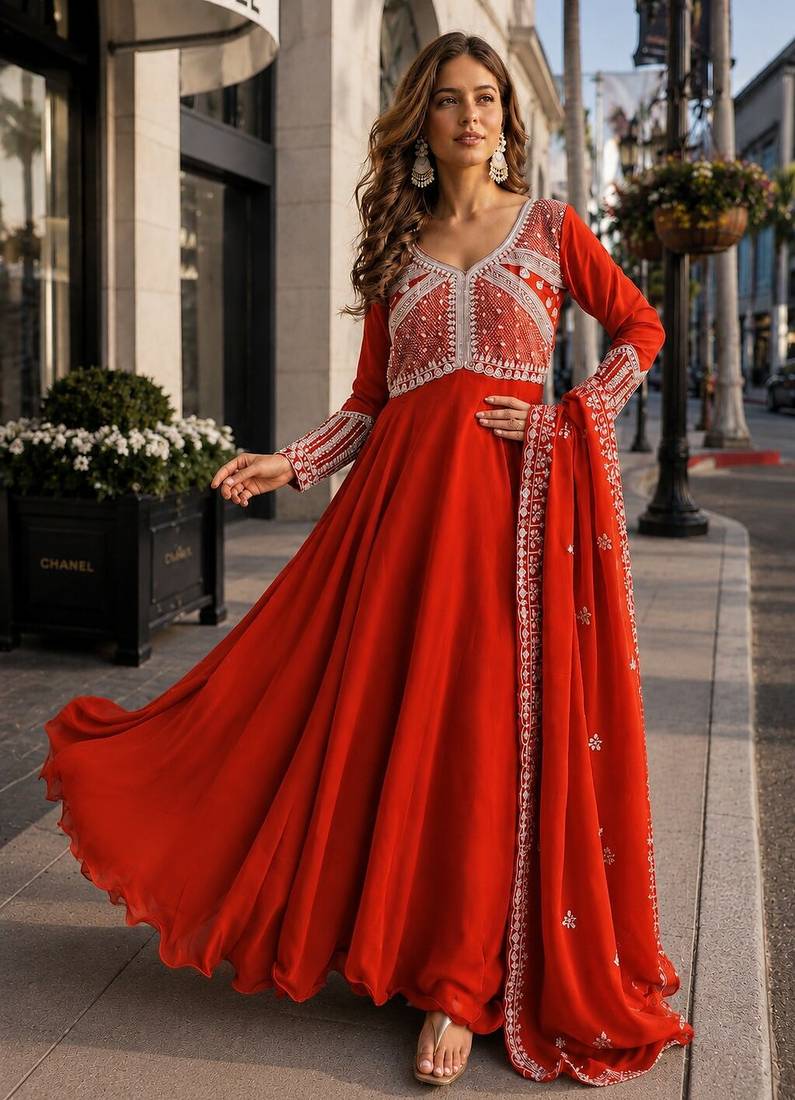 orange georgette readymade anarkali suit with beads & embroidery work