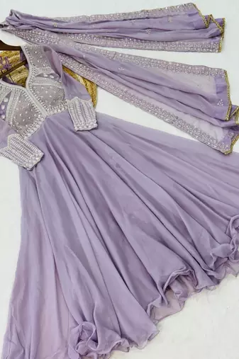 lavender georgette readymade anarkali suit with beads & embroidery work