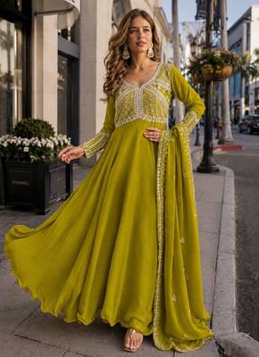 mustard georgette readymade anarkali suit with beads & embroidery work 1