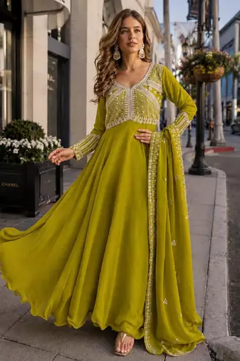 mustard georgette readymade anarkali suit with beads & embroidery work