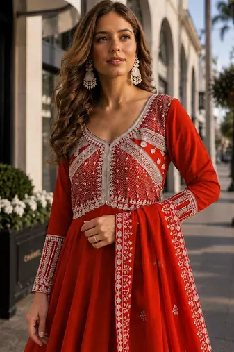 orange georgette readymade anarkali suit with beads & embroidery work