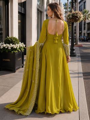 mustard georgette readymade anarkali suit with beads & embroidery work 2