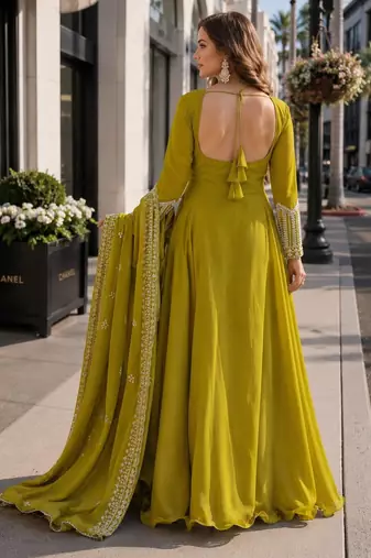 mustard georgette readymade anarkali suit with beads & embroidery work