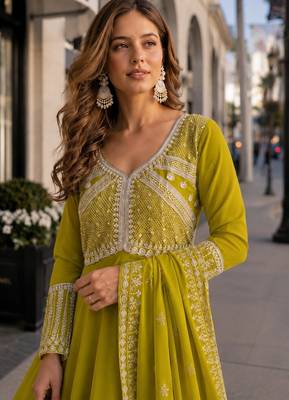mustard georgette readymade anarkali suit with beads & embroidery work 3