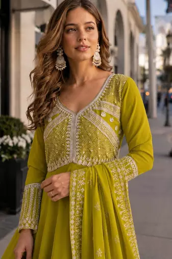 mustard georgette readymade anarkali suit with beads & embroidery work