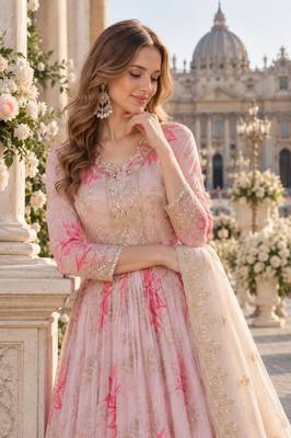 pink silk blend readymade anarkali suit with embroidery & zari Sequin work 2