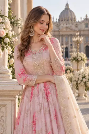 pink silk blend readymade anarkali suit with embroidery & zari Sequin work