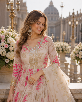 pink silk blend readymade anarkali suit with embroidery & zari Sequin work 2