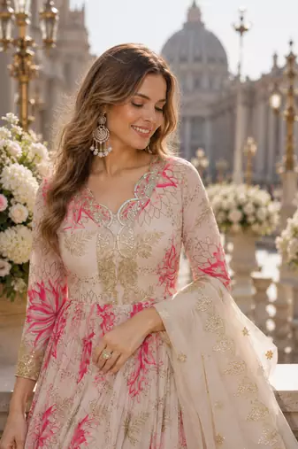 pink silk blend readymade anarkali suit with embroidery & zari Sequin work