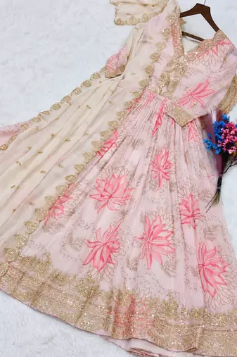 pink silk blend readymade anarkali suit with embroidery & zari Sequin work