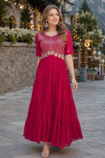 maroon faux georgette readymade anarkali suit with embroidery & zari work