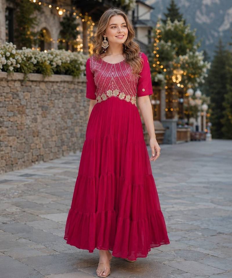 maroon faux georgette readymade anarkali suit with embroidery & zari work