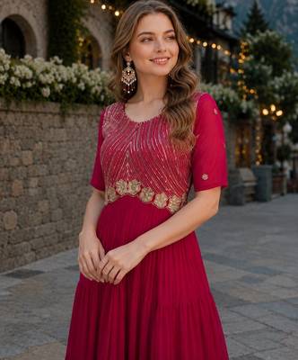 maroon faux georgette readymade anarkali suit with embroidery & zari work 3