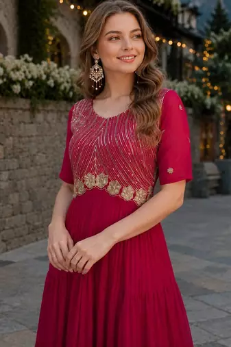 maroon faux georgette readymade anarkali suit with embroidery & zari work
