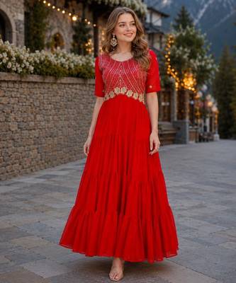red faux georgette readymade anarkali suit with embroidery & zari work 1