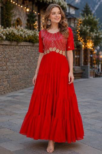 red faux georgette readymade anarkali suit with embroidery & zari work