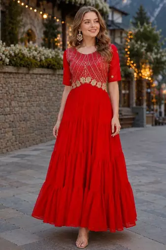 red faux georgette readymade anarkali suit with embroidery & zari work