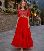 red faux georgette readymade anarkali suit with embroidery & zari work