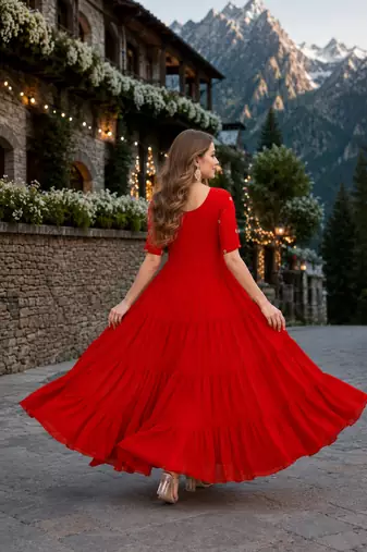 red faux georgette readymade anarkali suit with embroidery & zari work