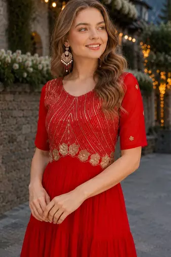 red faux georgette readymade anarkali suit with embroidery & zari work