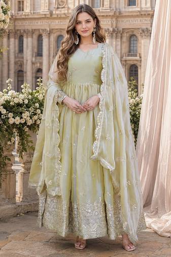 green silk blend readymade anarkali suit with embroidery & zari Sequin work