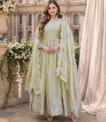 green silk blend readymade anarkali suit with embroidery & zari Sequin work