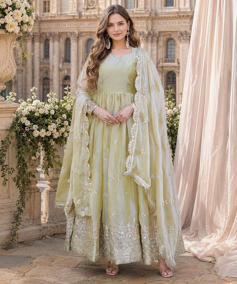 green silk blend readymade anarkali suit with embroidery & zari Sequin work