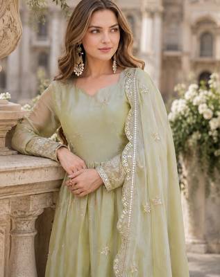 green silk blend readymade anarkali suit with embroidery & zari Sequin work 2