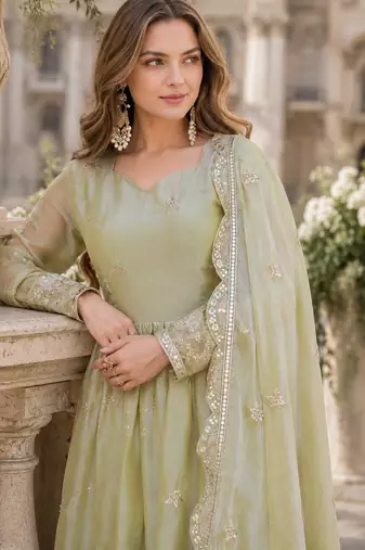 green silk blend readymade anarkali suit with embroidery & zari Sequin work