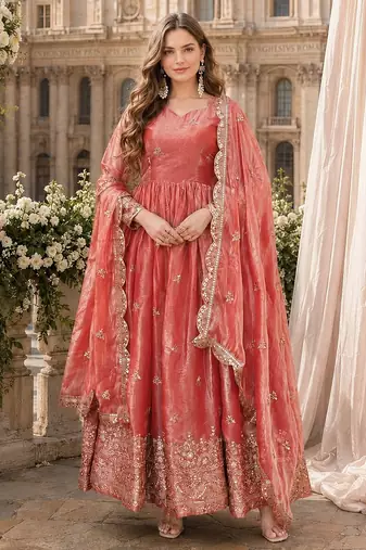 peach silk blend readymade anarkali suit with embroidery & zari Sequin work