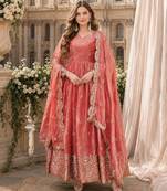 peach silk blend readymade anarkali suit with embroidery & zari Sequin work