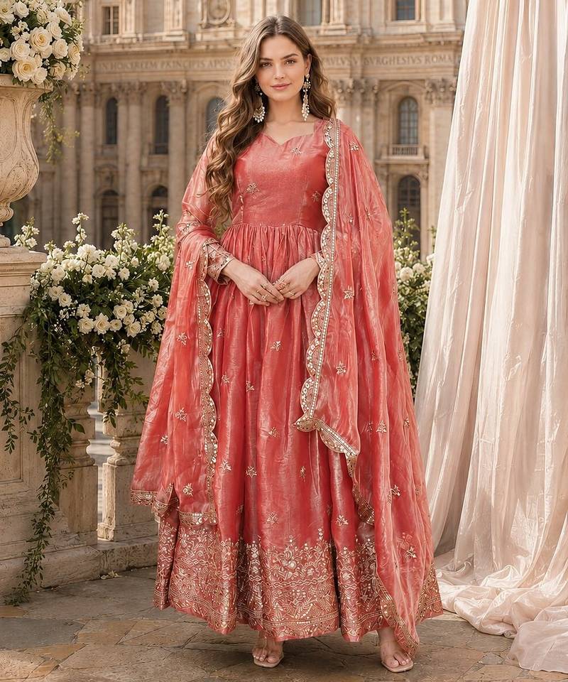 peach silk blend readymade anarkali suit with embroidery & zari Sequin work