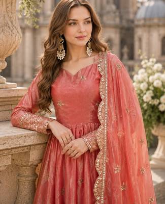 peach silk blend readymade anarkali suit with embroidery & zari Sequin work 2
