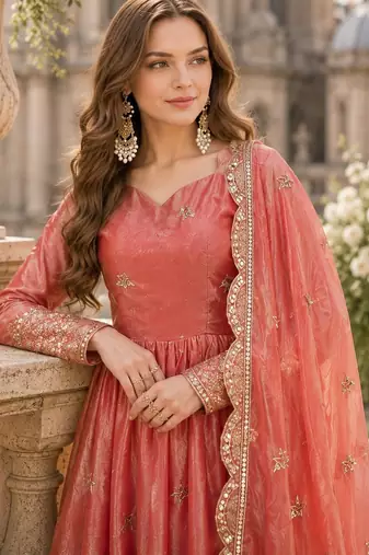 peach silk blend readymade anarkali suit with embroidery & zari Sequin work