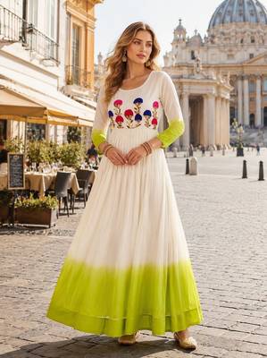 green&white georgette readymade anarkali suit with embroidery threading work 1