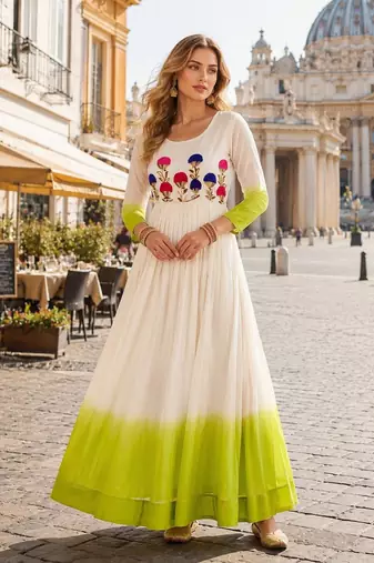 green&white georgette readymade anarkali suit with embroidery threading work