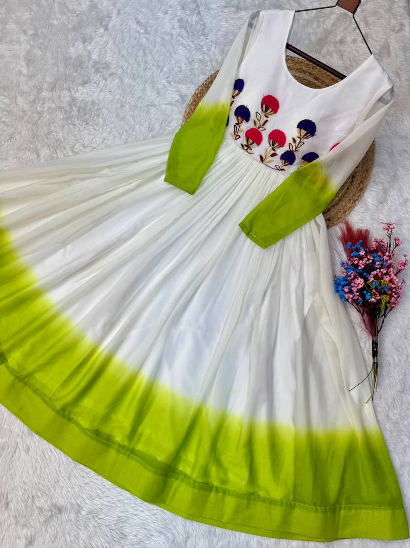 green&white georgette readymade anarkali suit with embroidery threading work