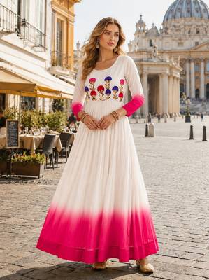 pink&white georgette readymade anarkali suit with embroidery threading work 1
