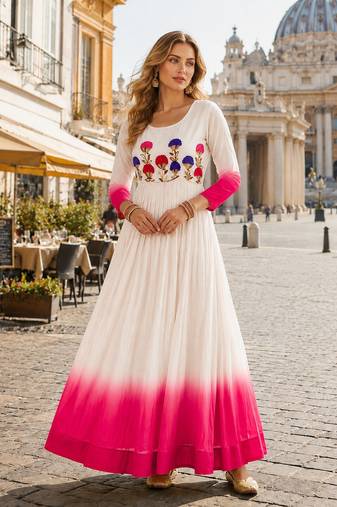 pink&white georgette readymade anarkali suit with embroidery threading work