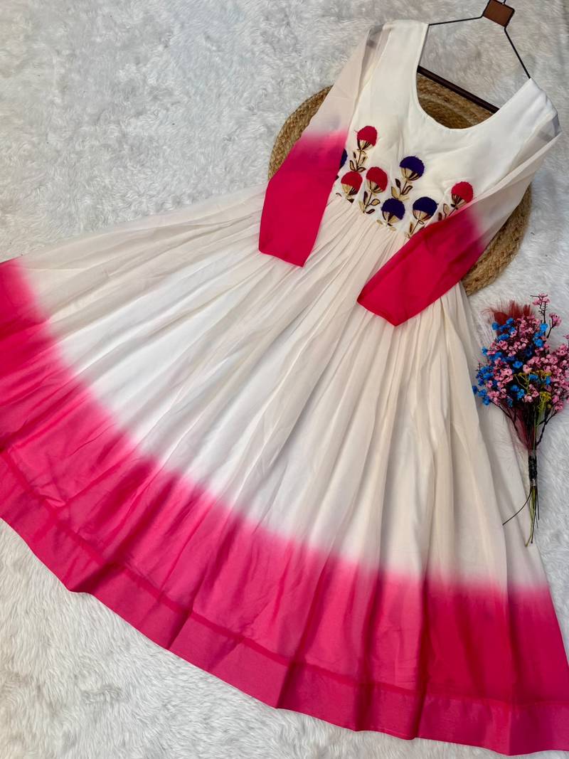 pink&white georgette readymade anarkali suit with embroidery threading work