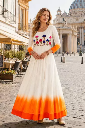 orange&white georgette readymade anarkali suit with embroidery threading work