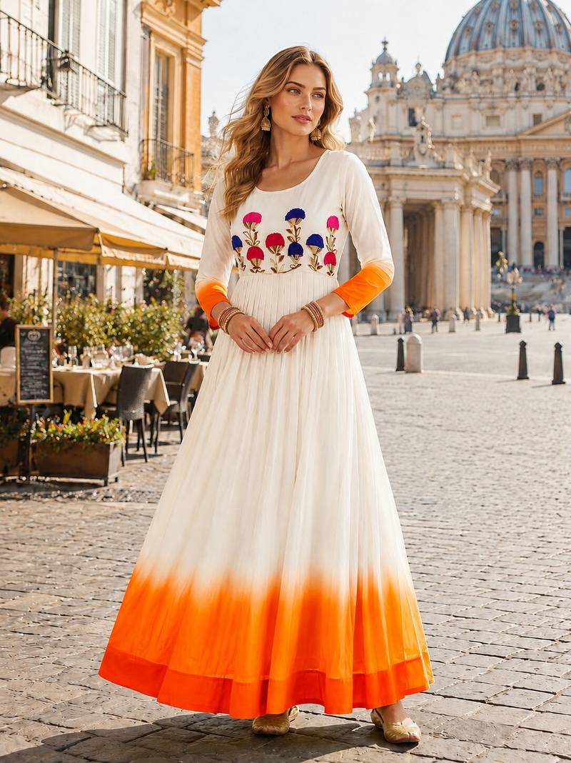 orange&white georgette readymade anarkali suit with embroidery threading work