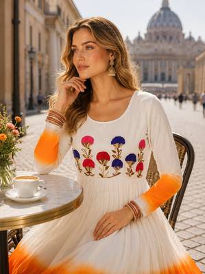 orange&white georgette readymade anarkali suit with embroidery threading work 2