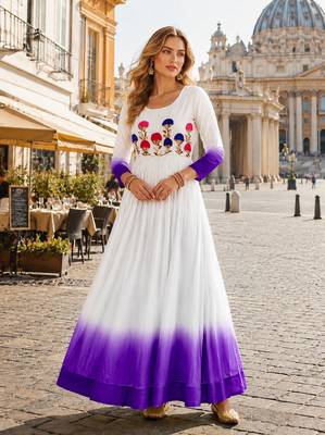 purple&white georgette readymade anarkali suit with embroidery threading work 1