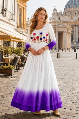 purple&white georgette readymade anarkali suit with embroidery threading work