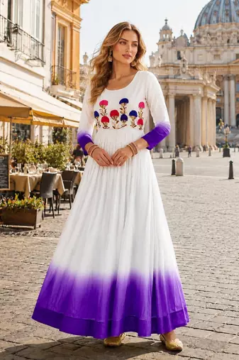 purple&white georgette readymade anarkali suit with embroidery threading work