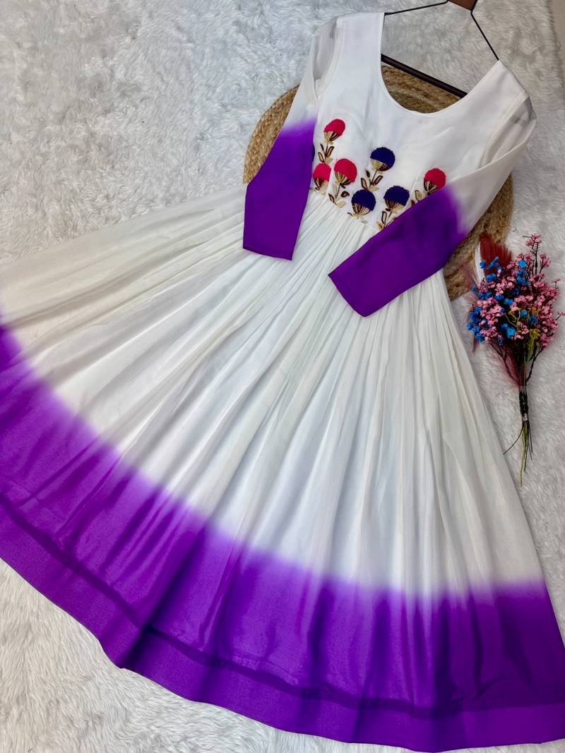 purple&white georgette readymade anarkali suit with embroidery threading work